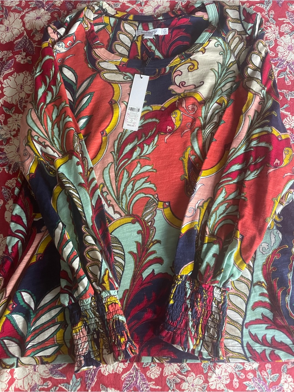 NWT! Chicos Multicolor Paisley-Print Long Sleeve Top size 0 small